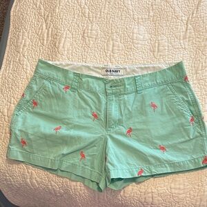 Old Navy Mint Green Shorts with Pink Flamingo Embroidery